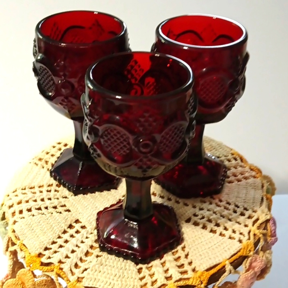 Vintage Avon Cape Cod Ruby Red Glass Small Wine Glasses Set of 3